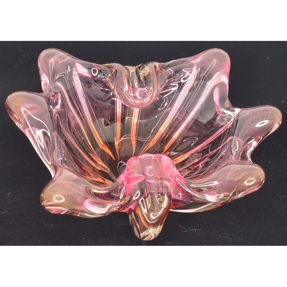 Murano Pink Gold Flake Bubble Ashtray/Bowl Gold Flecks Italian Art Glass 8"